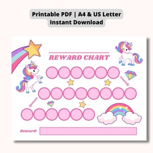 Könnte beinhalten: Ein druckbares Belohnungsdiagramm mit Einhorn-Motiv. Das Design umfasst ein rosa und weißes Farbschema mit Illustrationen von Einhörnern, Sternen, Regenbogen und Diamanten. Der Text "Reward Chart" ist prominent dargestellt.