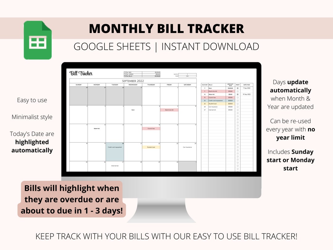 Monthly Bill Tracker Calendar Google Sheets Spreadsheet Etsy