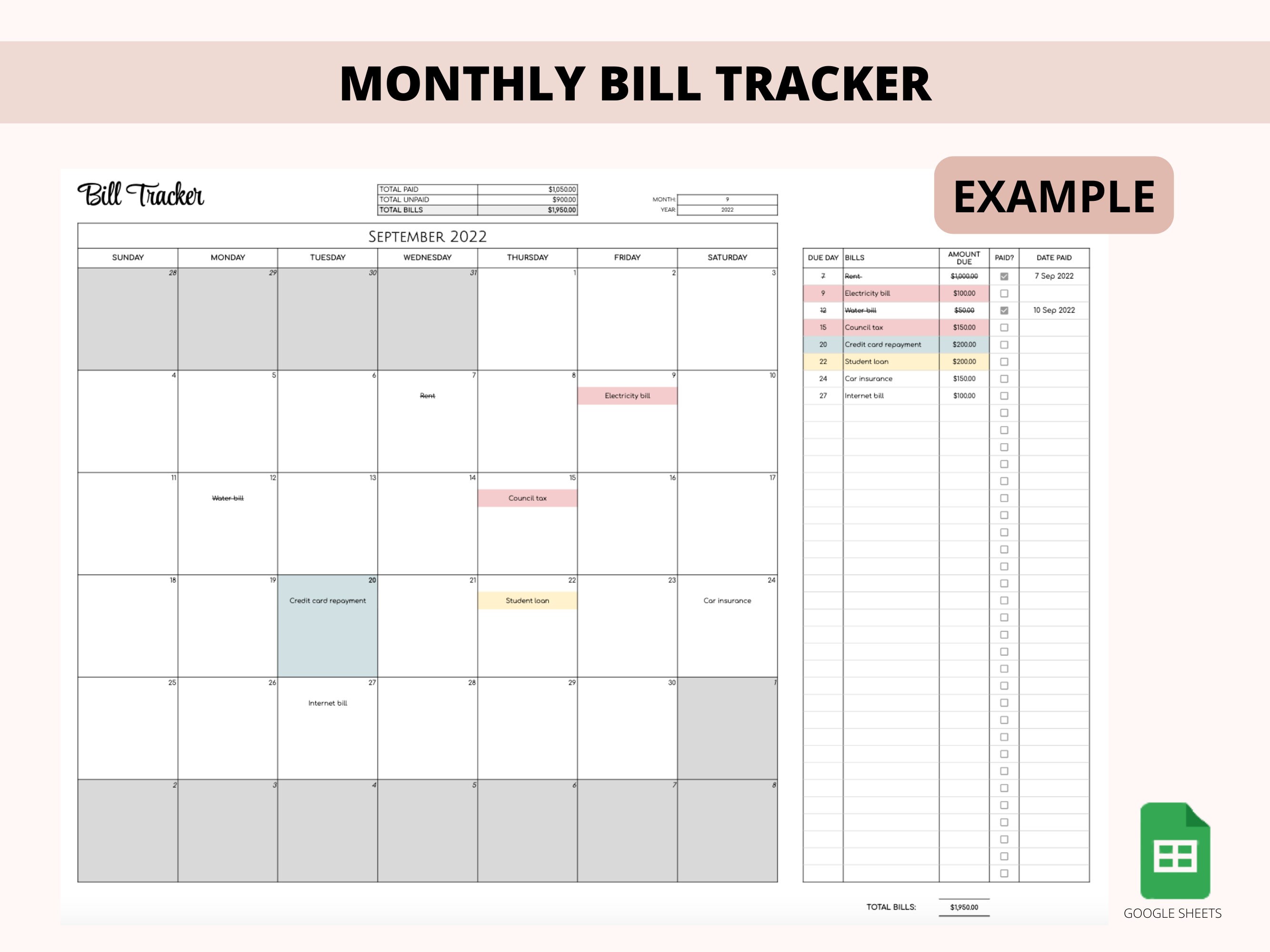Monthly Bill Tracker Calendar Google Sheets Spreadsheet Monthly Bill