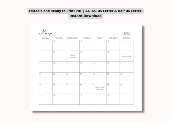 EDITABLE Undated Monthly Planner Landscape Minimalist Printable