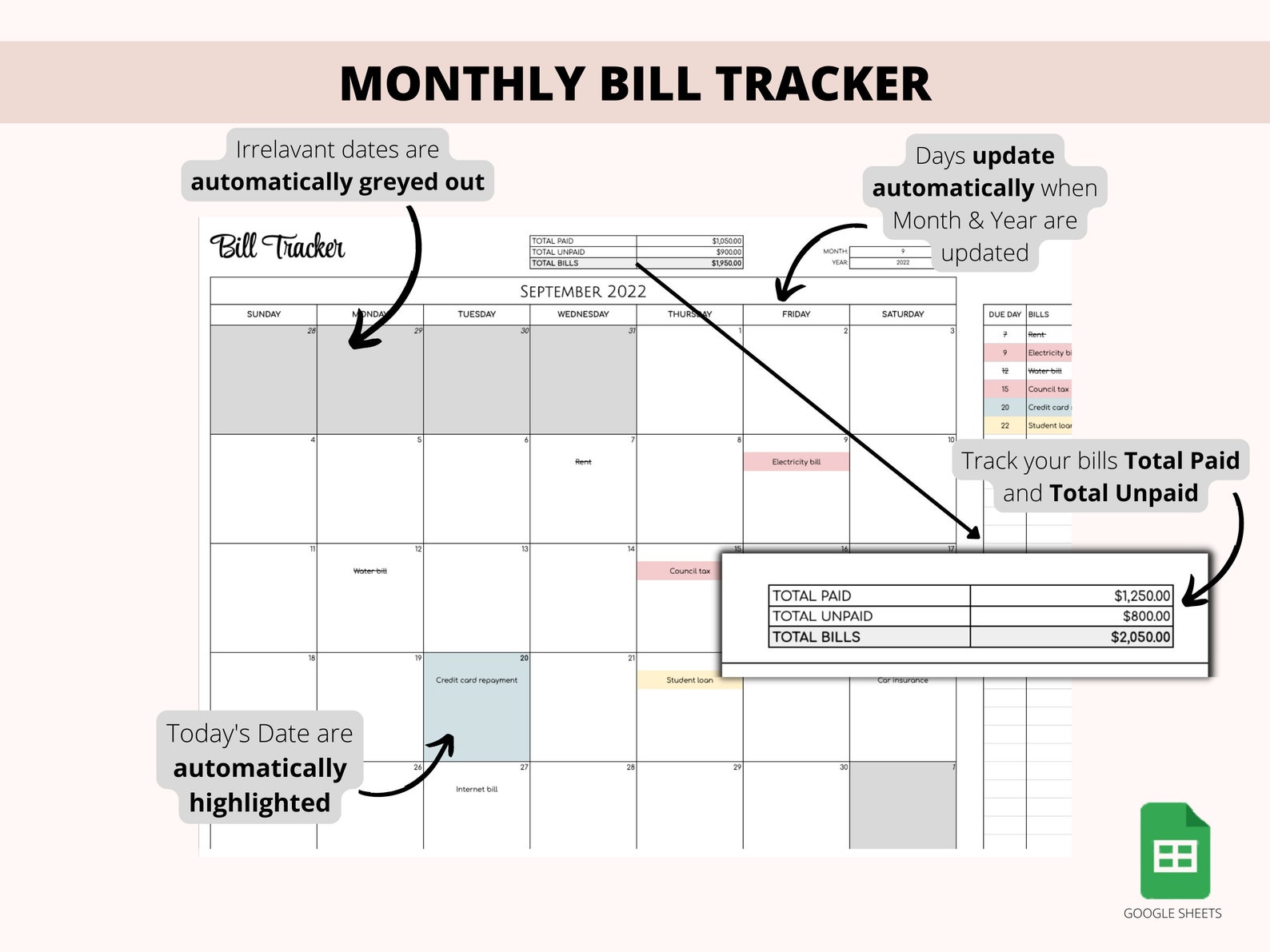 Monthly Bill Tracker Calendar Google Sheets Spreadsheet | Monthly Bill ...