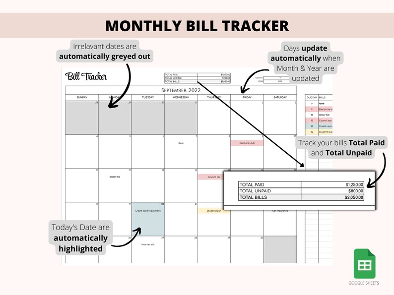 Monthly Bill Tracker Calendar Google Sheets Spreadsheet Monthly Bill