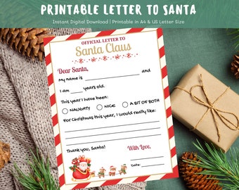 Puede incluir: Una plantilla imprimible de carta a Santa Claus con un borde de rayas rojas y blancas, marco dorado y texto que incluye Querido Santa, Mi nombre es, Tengo años, y casillas para marcar travieso, bueno o ambos, con un gráfico de un trineo de Santa.