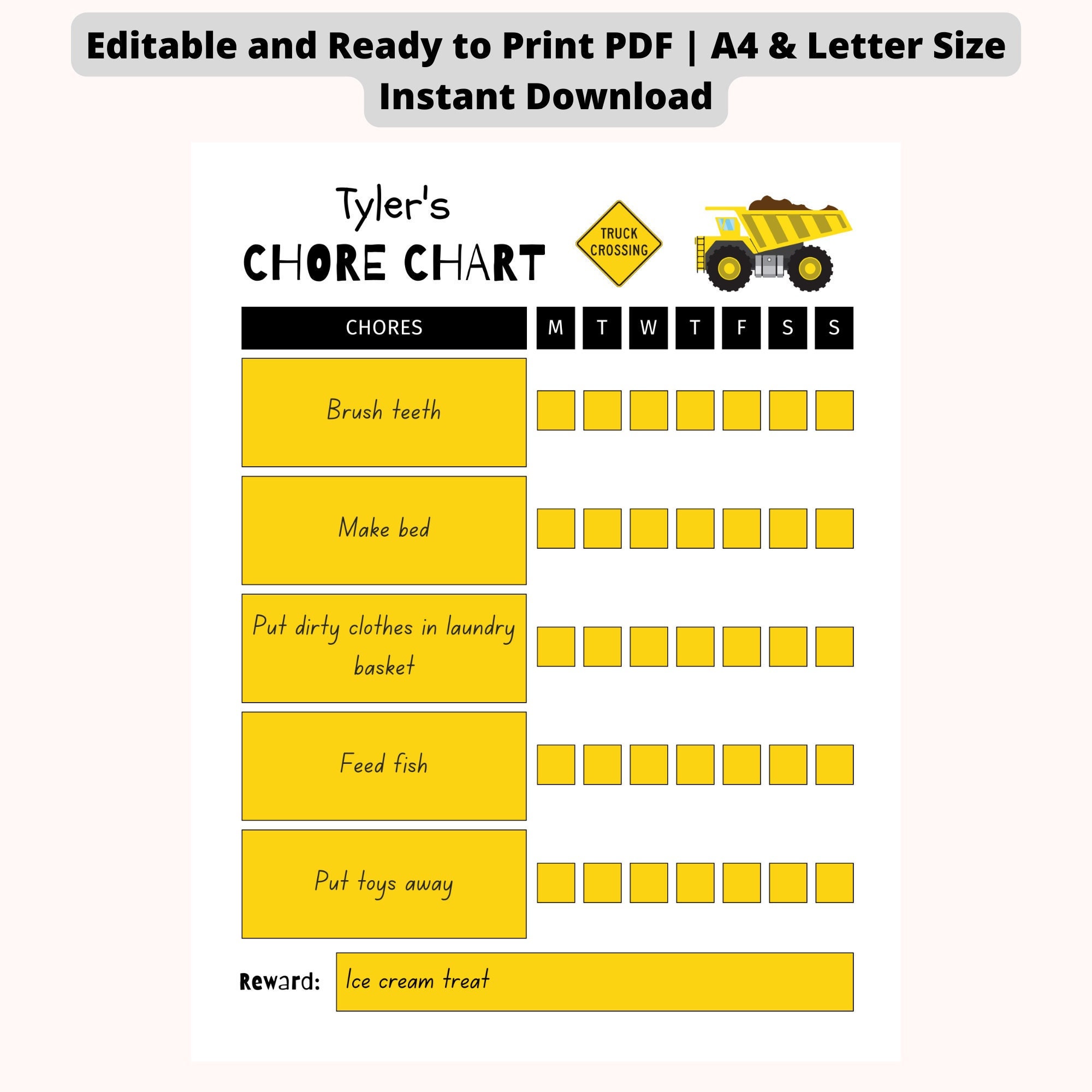 EDITABLE Kids Chore Chart - Construction Truck | Toddler Chore Chart ...