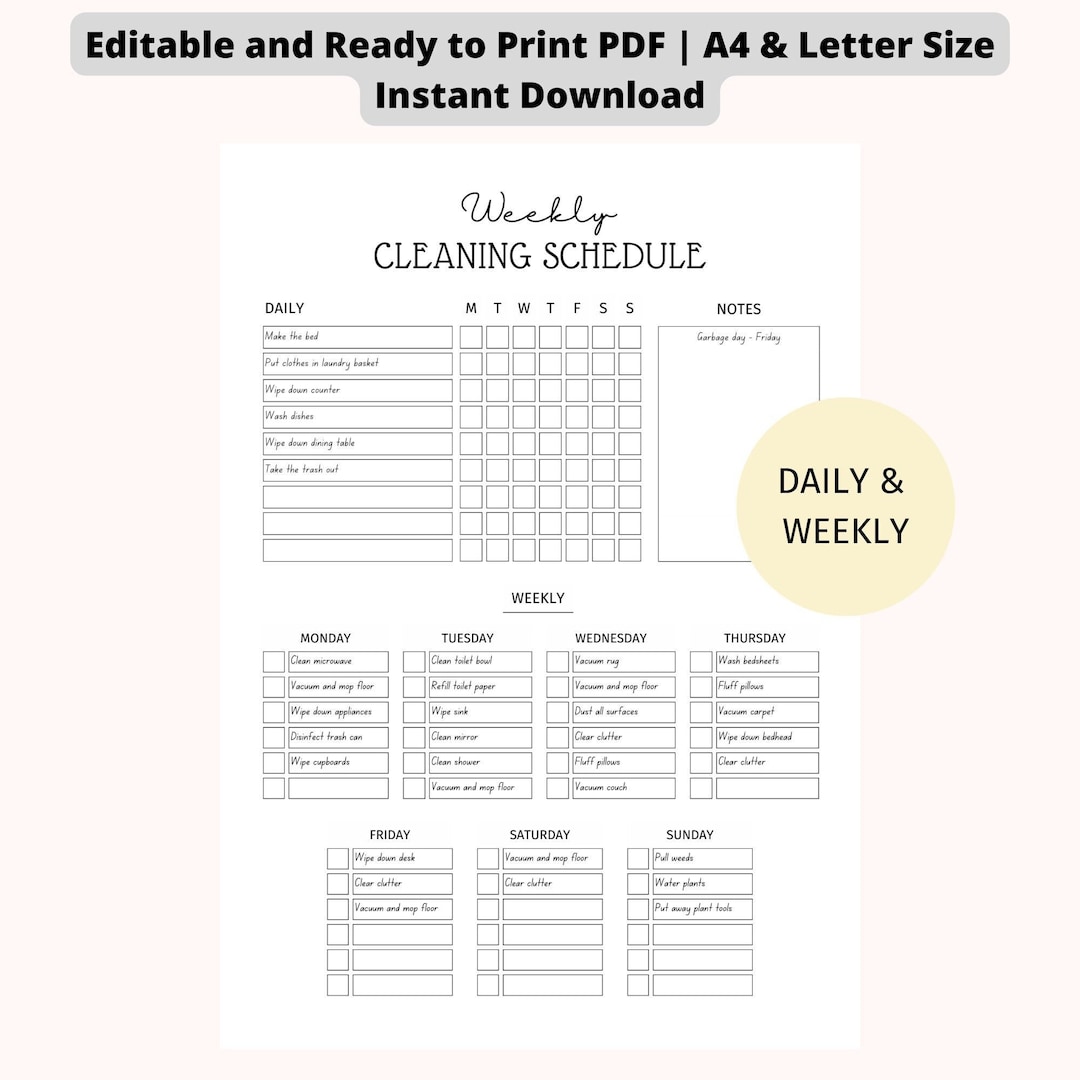 Editable Cleaning Schedule | Daily & Weekly Checklist (digital Download ...