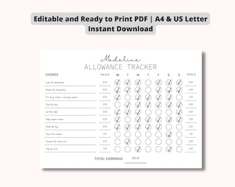 EDITABLE Allowance Chore Chart - Minimalist | Allowance Tracker | Editable Chore Chart | Incentive Chore Chart | Chore Chart for Kids Teens