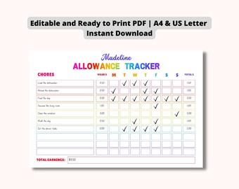Rainbow Chore Chart – Editable Allowance Tracker (Digital Download)