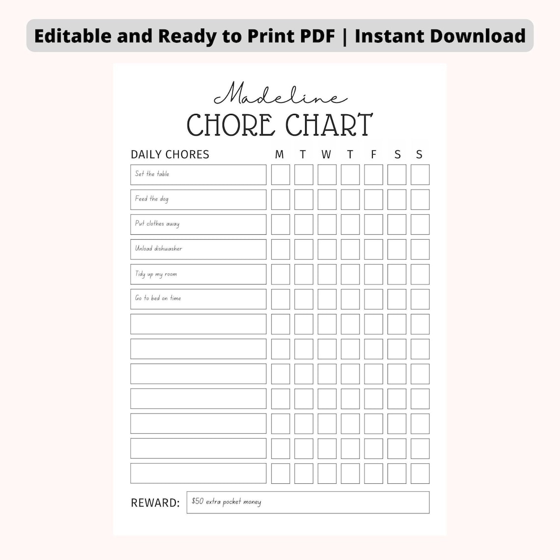 EDITABLE Daily Chore Chart for Teens - Minimalist | Simple Teens Reward ...