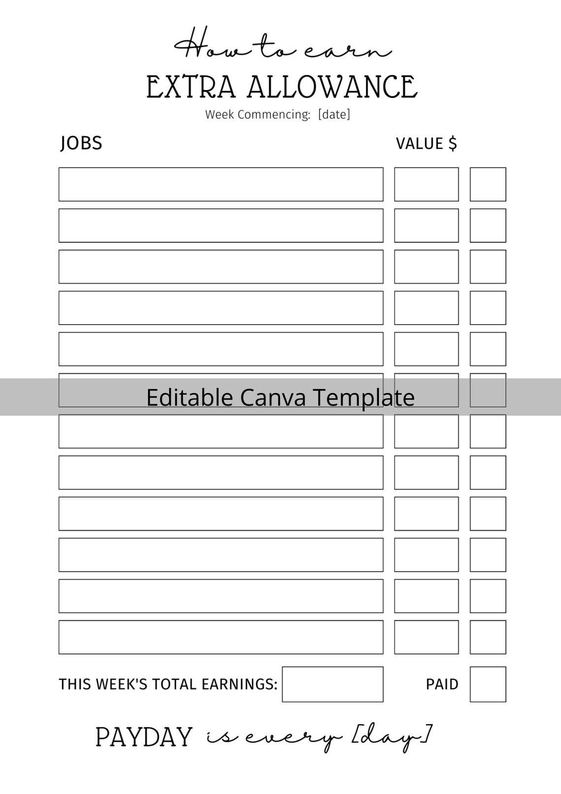 EDITABLE Allowance Chore Chart Minimalist How to Earn Etsy