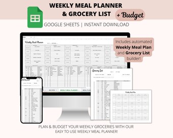 Pianificatore settimanale dei pasti e lista della spesa su Google Sheet con budget (download digitale)