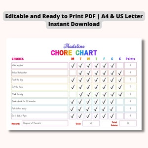 May include: A printable chore chart with the name "Madeline" at the top. The chart includes tasks like "Make my bed" and "Feed the dog," with check boxes for each day of the week. The chart is designed for instant download.
