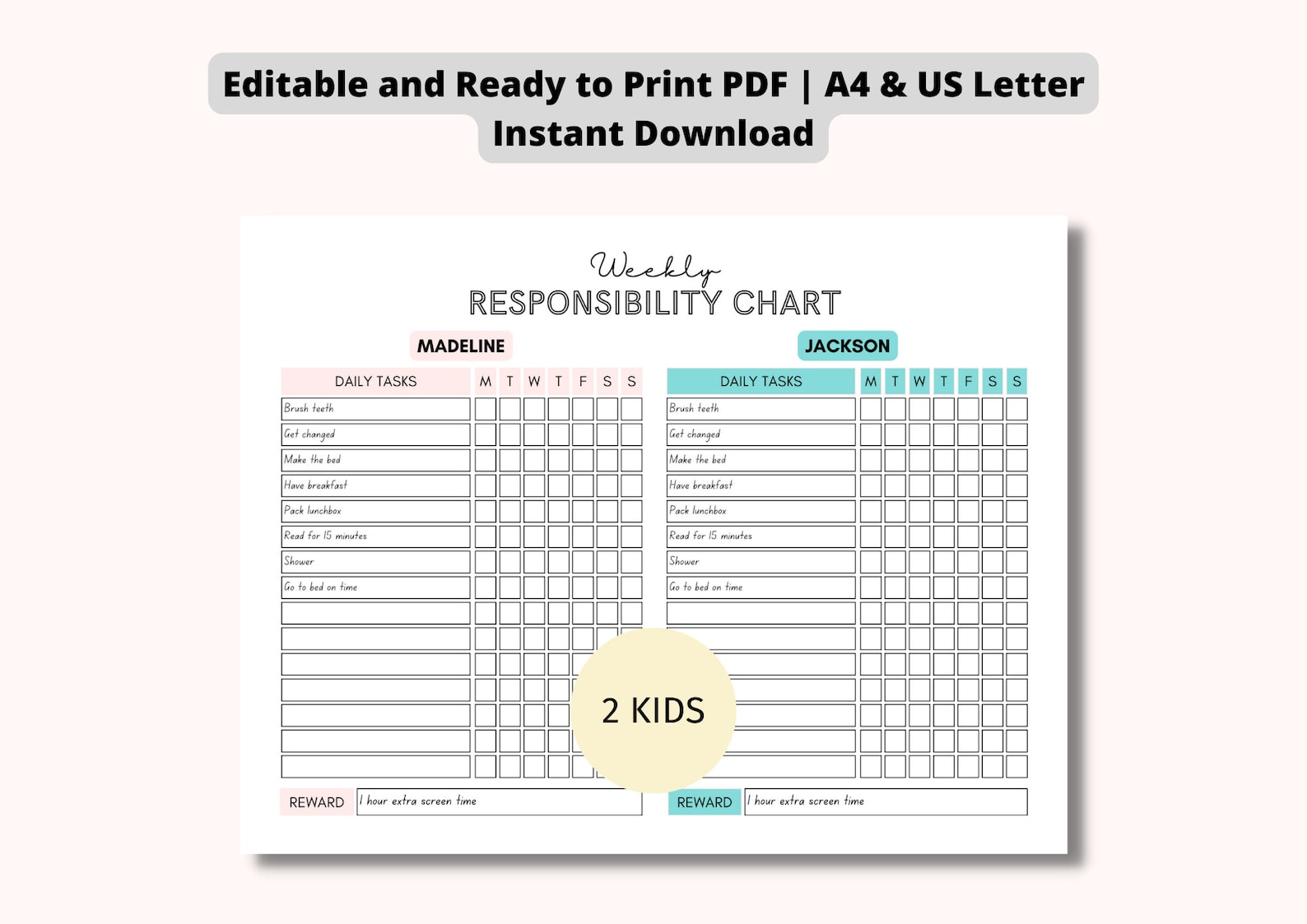 EDITABLE Multiple Kids Weekly Chore Chart | 2 Kids Chore Chart | Daily ...