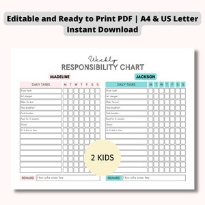 EDITABLE Multiple Kids Weekly Chore Chart | 2 Kids Chore Chart | Daily Chore Chart | Family Chore Chart | Printable Instant Download