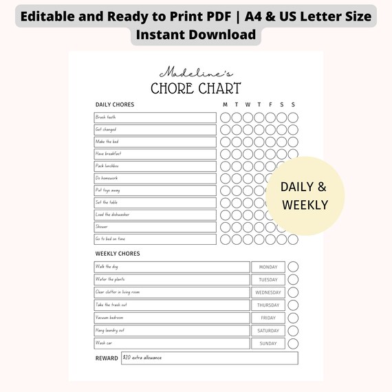 EDITABLE Daily Weekly Chore Chart for Teens Kids Chore Chart Teens Reward Chore Chart Printable and Editable Instant Download Etsy