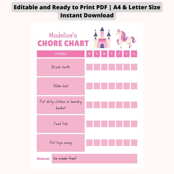 EDITABLE Kids Chore Chart Unicorn Toddler Chore Chart - Etsy