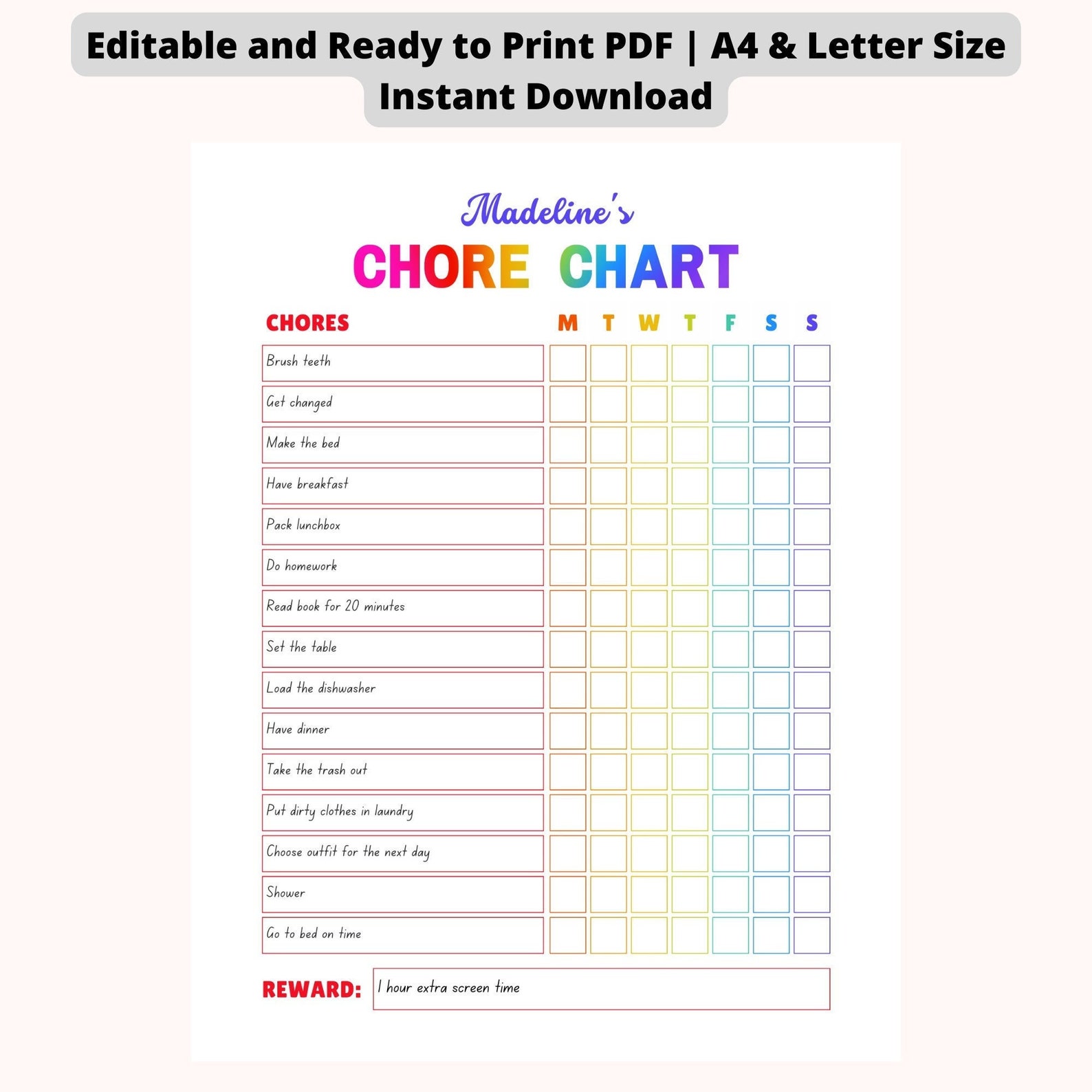 EDITABLE Kids Daily Chore Chart - Rainbow | Kids Reward Chore Chart ...