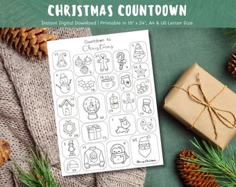 Printable Christmas Countdown, Christmas Coloring Page for Kids, Printable Christmas Advent Calendar, Kids Christmas Activity