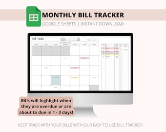 May include: A computer screen displaying a Google Sheets spreadsheet template for tracking monthly bills. The template features a calendar with colour-coded cells to indicate due dates and a list of bills with payment information. The text "MONTHLY BILL TRACKER" and "GOOGLE SHEETS | INSTANT DOWNLOAD" is displayed at the top of the screen. The text "Bills will highlight when they are overdue or are about to due in 1 - 3 days!" is displayed below the screen.