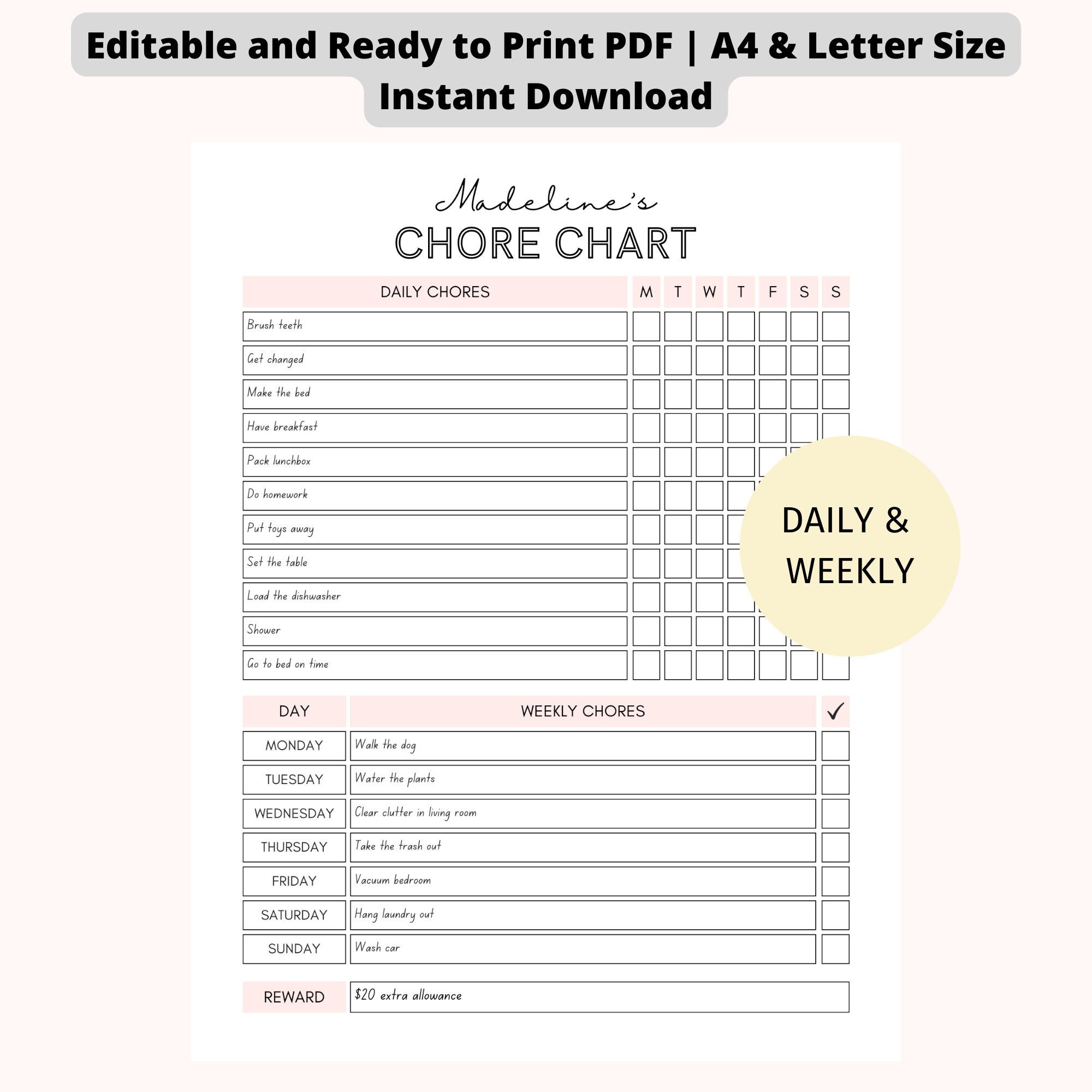 EDITABLE Daily & Weekly Chore Chart for Teens | Kids Chore Chart ...