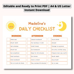 Editable Kids Daily Routine Checklist: Morning, Afternoon, Evening (Digital Download)