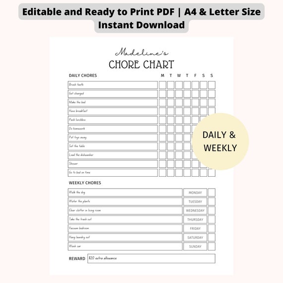 Kids Chore Chart, Chore Chart for Kids, Kids Chores, Responsibility Chart, Chore  Chart Printable, Editable PDF, Instant Download 