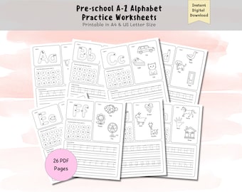 Hojas de trabajo de práctica del alfabeto en mayúsculas y minúsculas de la A a la Z para preescolar, niños pequeños, jardín de infantes, educación en el hogar, aprendizaje temprano, seguimiento, escritura, imprimible