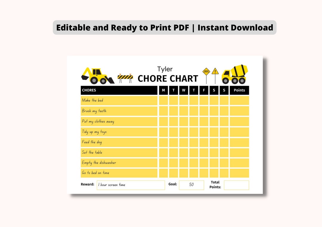 EDITABLE Kids Daily Chore Chart With Reward Points - Construction ...