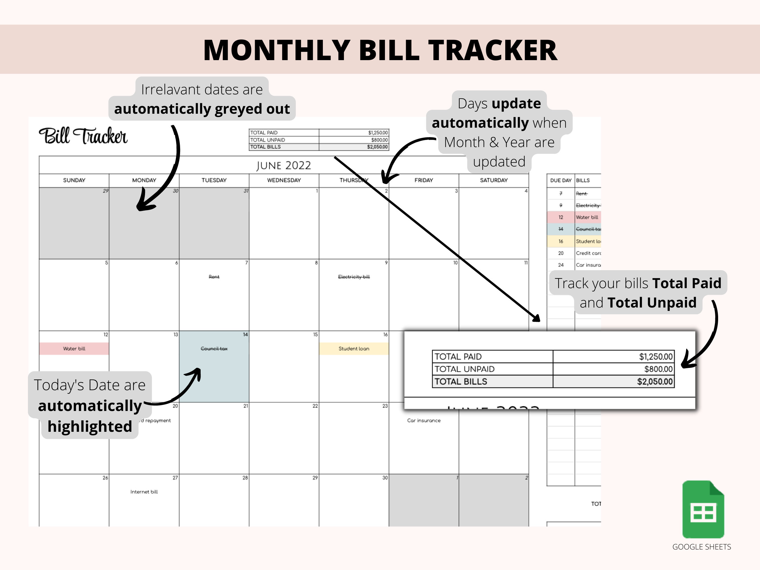 Monthly Bill Tracker Calendar | Google Sheets Spreadsheet (digital ...
