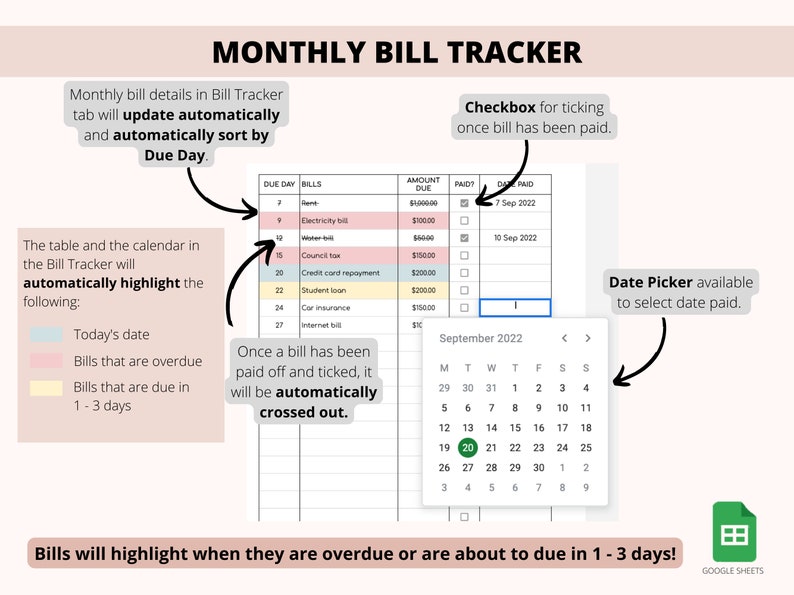 Monthly Bill Tracker Calendar Google Sheets Spreadsheet Monthly Bill