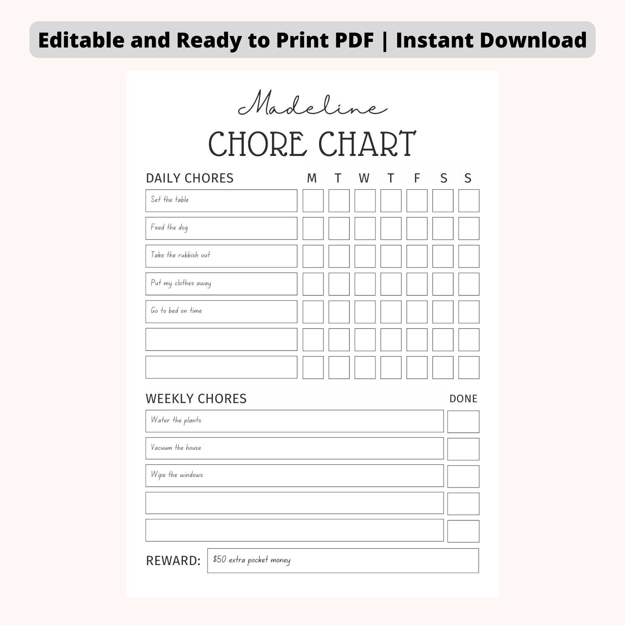 EDITABLE Daily & Weekly Chore Chart for Teens - Minimalist | Simple ...