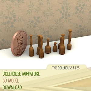 May include: A set of eight miniature wooden rolling pins in various sizes. The rolling pins are made of wood and have a natural finish. The rolling pins are arranged in a row on a white surface. The rolling pins are perfect for dollhouse kitchens or other miniature projects.