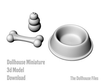 3D Printer STL file Dog Dish, toy and bone Dollhouse  Miniature 3D Printable file 1:12 scale Decor model download diy puppy pet accessories