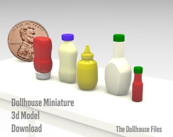 STL File Condiment Bottles 1:12 Dollhouse Miniature Kitchen Food 3D Model Ketchup, Mustard, Mayo, Ranch dressing, Hot Sauce