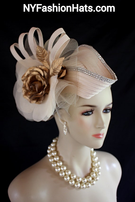 Haute Couture Pillbox Wedding Hat Women, Ivory Beige  display picture 1