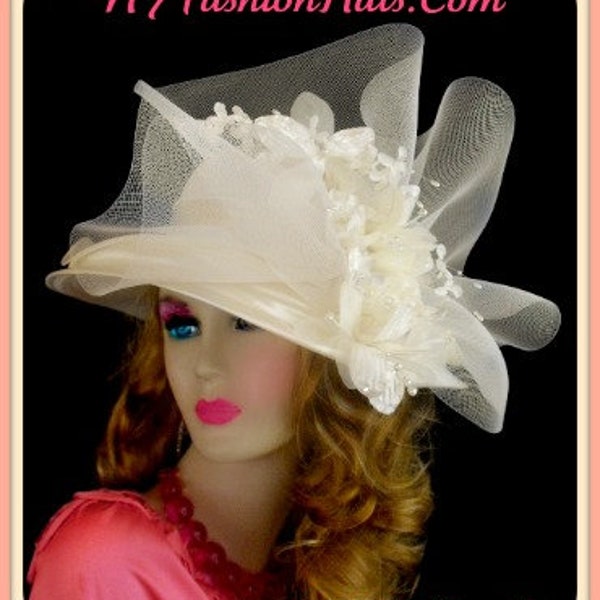 Haute Couture Statement Hat, NYFashionHats, Women's Ivory Satin Formal Church Wedding Bridal Hat Flowers, Hats For Horse Races