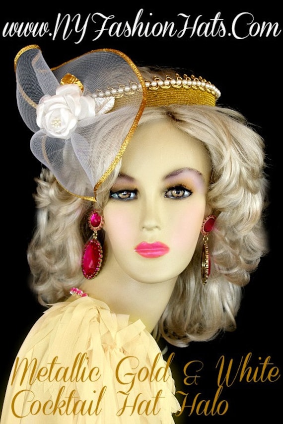 Metallic Gold White Cocktail Hat, Wedding Fascinator, Ny  display picture 3