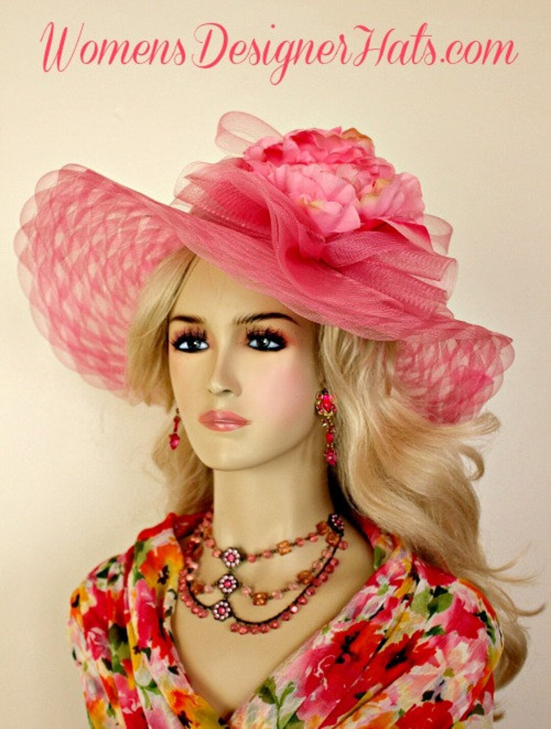 Pink Wide Brim Kentucky Derby Hat Ladies Women display picture 2