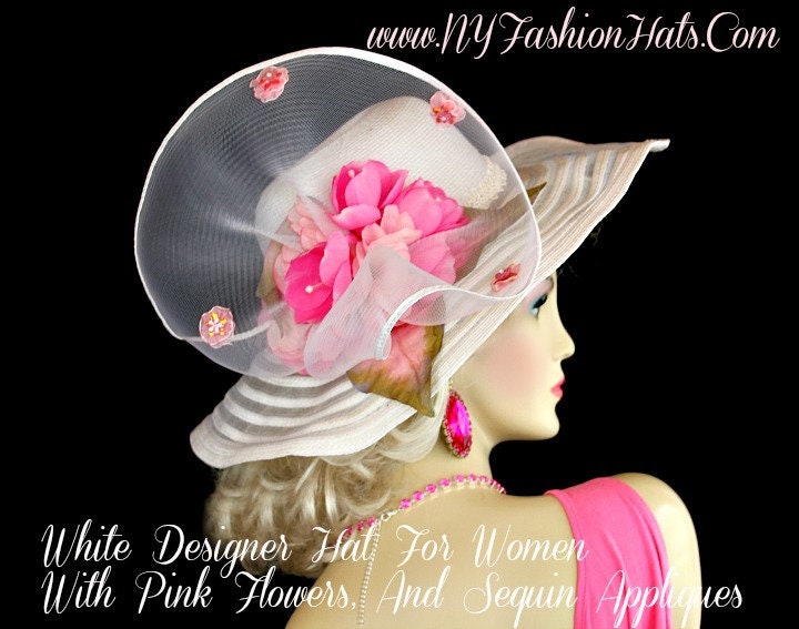 Elegant White Hat with Pink Flower and Green Accents Huge Kentucky Derby Hat, Pink and Mint Easter Hat, High Tea  main image 2