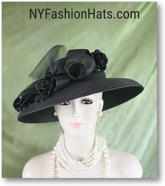 Vintage Women\'s Black Hat Floral Rosette Elegant Formal Spring Haute Couture Luxury Statement Hats, Motf Premium Couture  main image 4