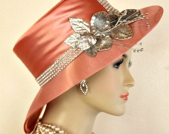 Ladies Peach Metallic Silver Abstract Wide Brim Satin  display picture 1