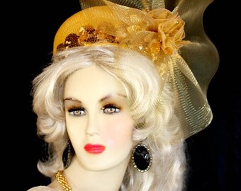 1980s Gold Lurex Tall Pillbox Hat Huge Pouf Church Wedding 