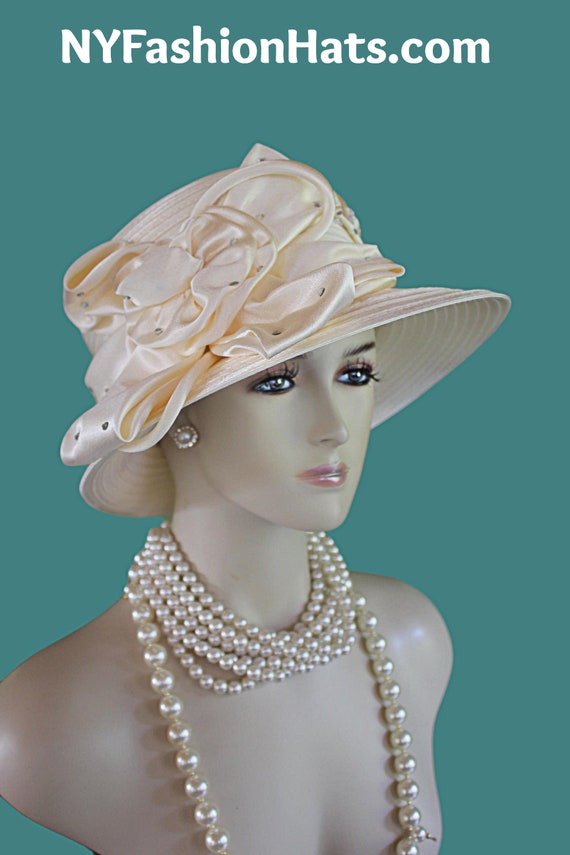 Gorgeous Pearl Embellished Ivory Church/Dress/Bridal Hat Beige Ivory Haute Couture Wide Brim Fashion Designer Hat For  main image 2