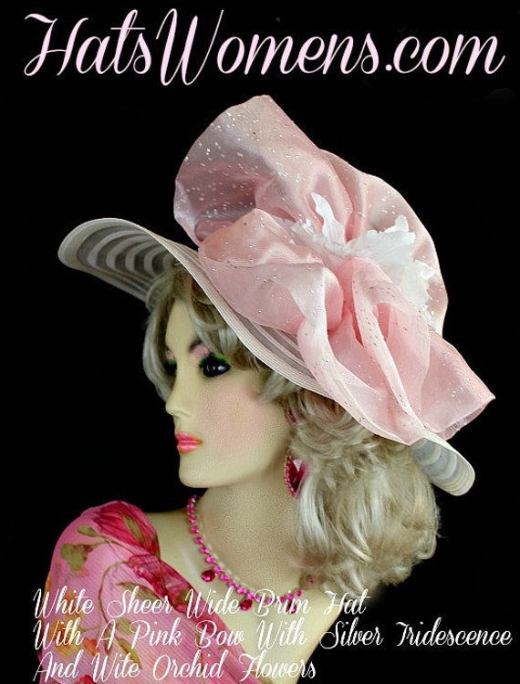 Ladies White Pink Wide Brim Derby Occasion Hat, Women display picture 3