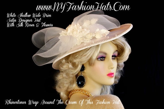 Ladies White Rose Bud Satin Wedding Bridal Brides Hat Church  display picture 2