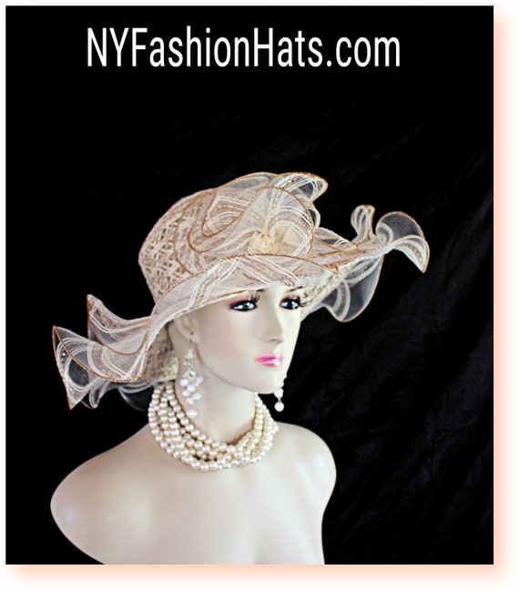 Ladies Coffee Beige Ivory Ruffled Edge Wide Brim Dress Hat 