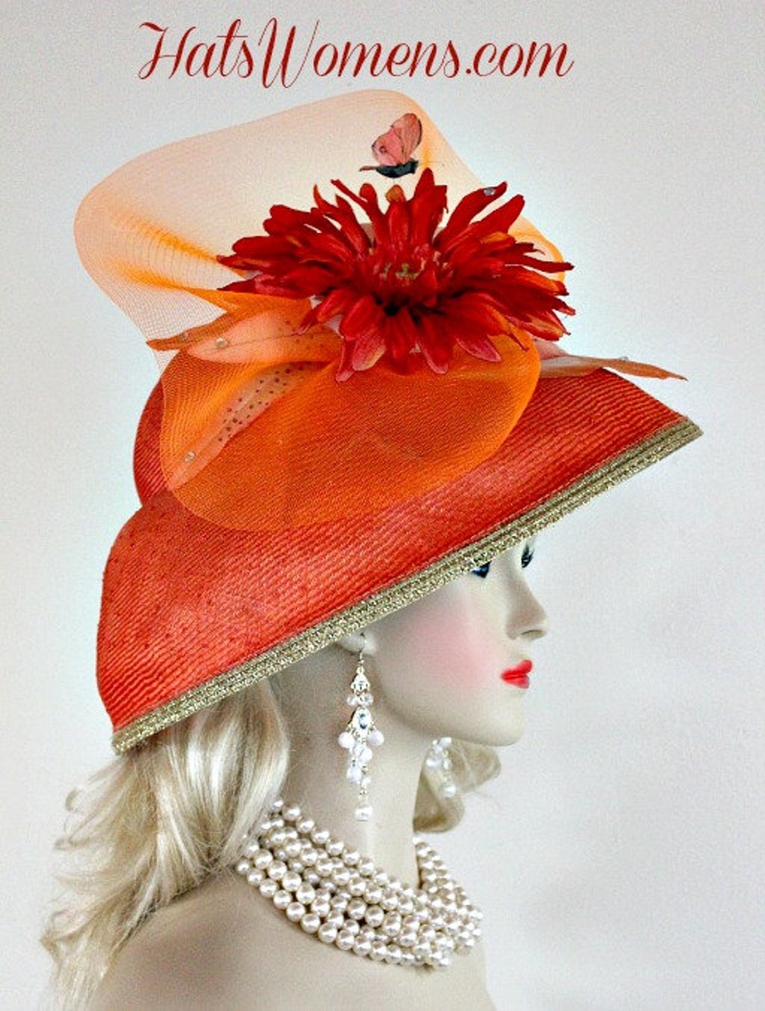 Ladies Coral Orange Metallic Gold Straw Lampshade Wide Brim  display picture 3