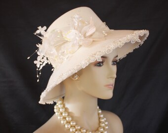 Luxury Winter White Ivory Wool Big Brim Hat for Women  display picture 3