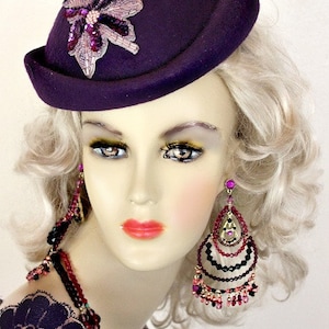 Purple Formal Winter Wool Cocktail Hat, Wedding Pillbox Fascinator Hat, Church Sabbath Hat Headpiece, Mother Of The Bride, Minimalist, PQ41