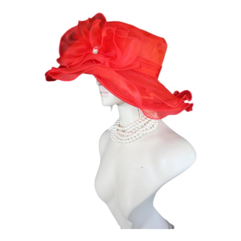 Hat Ruffles Red Red Big Ruffle Brim Organza Wedding Brida Hat, Formal Dress Hat, Mother ...