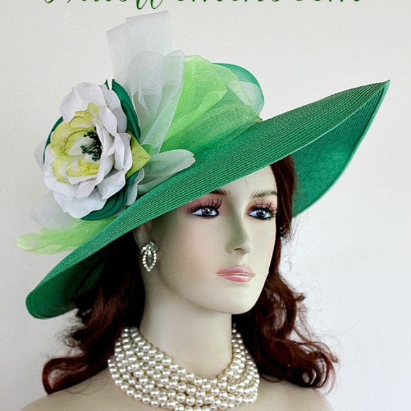 Ladies Kelly Green White Lime Designer Fashion Hat, Wedding Church Hats